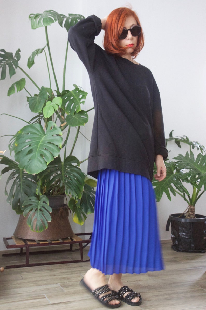80s vintage skirt Royal blue Pleated sheer skirt Elastic band skirt Casual skirt Minimalist sheer skirt Midi skirt Streetwear
