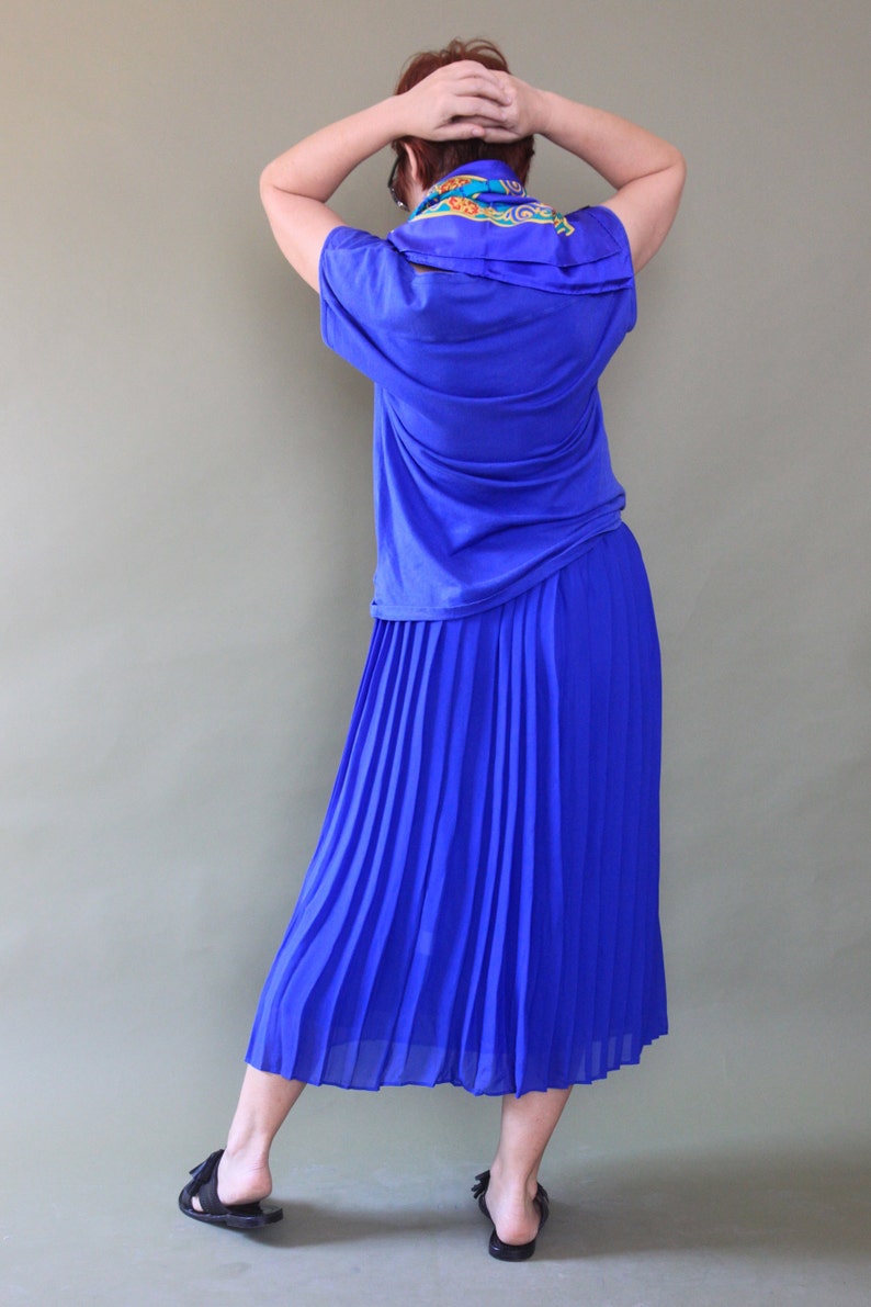 80s vintage skirt Royal blue Pleated sheer skirt Elastic band skirt Casual skirt Minimalist sheer skirt Midi skirt Streetwear
