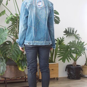 Unisex Acid wash Marsel denim jacket Embellished Jacket Colourful paint splattered denim 90s vintage Embroidered logo patches denim image 3