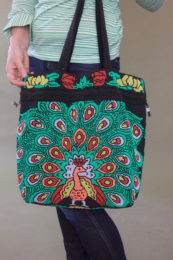 Vintage 70s shopping tote Beaded peacock market ba