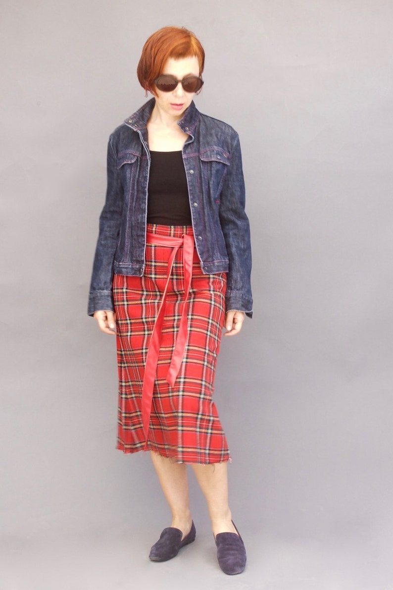 Red tartan 70s skirt Midi plaid skirt Wool checked skirt 70s skirt Preppy A-line skirt image 5