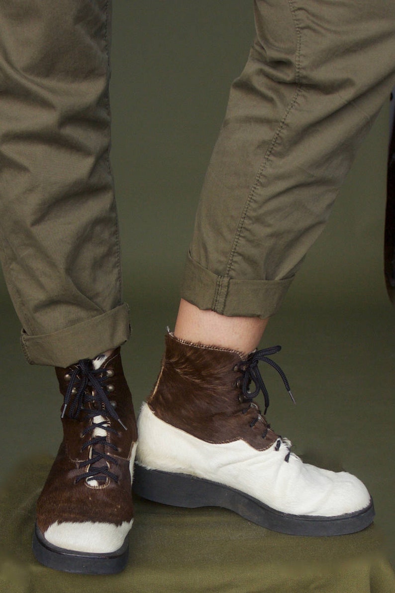 Spotted Cowhide Boots Women's Fur Lace up Boots Brown and White Fur