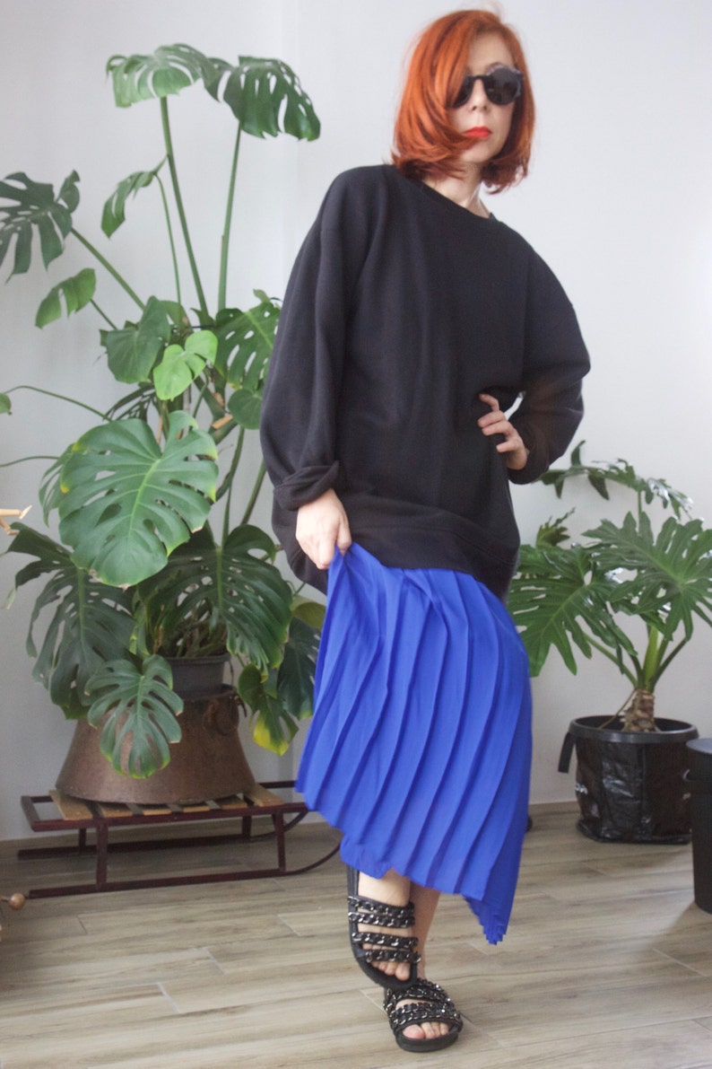80s vintage skirt Royal blue Pleated sheer skirt Elastic band skirt Casual skirt Minimalist sheer skirt Midi skirt Streetwear