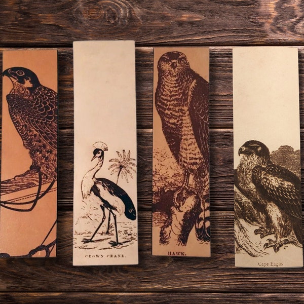 Leather Bird Bookmarks: Falcon Bookmark, Hawk Bookmark, or Crowned Crane Bookmark, made in the USA from real leather!
