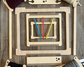 Travel Weaving Kit: 3 frame looms, comb, 3 needles, shuttle, 2 spreaders and 4 random yarn spools! 9" x 7 3/4" lap loom. Made in the USA