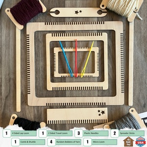 Lap & Travel Weaving Loom Kit - 3 frame looms, comb, 3 needles, shuttle, 2 spreaders and 4 random bobbins of yarn! Made by us in the USA!