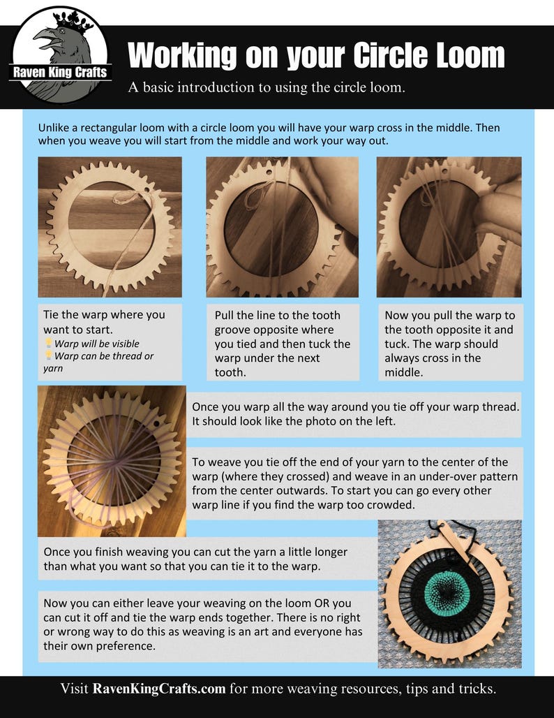May include: A step-by-step guide on how to use a circular loom for weaving. The guide shows how to tie the warp thread, weave the yarn, and finish the weaving project. The images show a wooden circular loom with a light brown color.