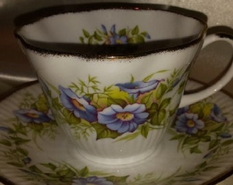 Royal Minster cup and saucer, blue flowers, bone china, vintage, England,