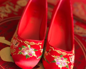 Chinese wedding red bridal shoes, Low heel, Embroidery