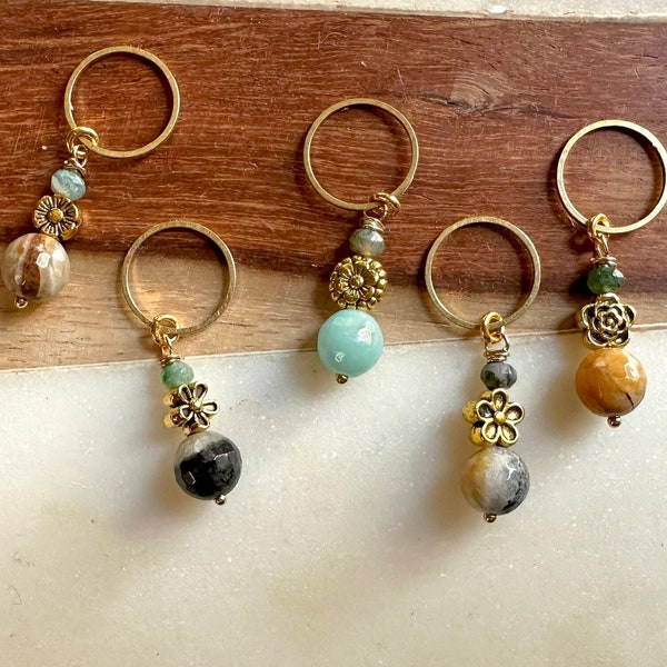 Natural Amazonite & Moss Agate Knitting Stitch Markers - Knitting Supplies, Knitting Notions, Knitting Accessories, Progress Keepers, Yarn