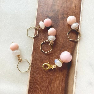 Set: Pink Opal & Moonstone Knitting Stitch Markers/Progress Keeper Set - Knitting Supplies, Notions, Knitting Accessories, Yarn Keeper