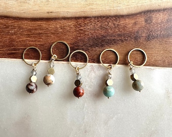 African Opal Jasper & Labradorite Knitting Stitch Markers - Handmade Set of 5