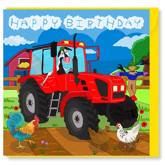 Carte Rouge De Vœux De Vache De Tracteur De Joyeux Etsy France