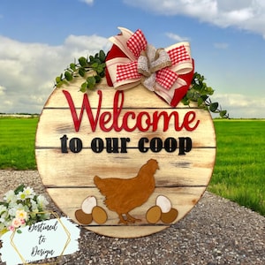 Welcome to our Coop Chicken Door Hanger: Hand-Painted Wood