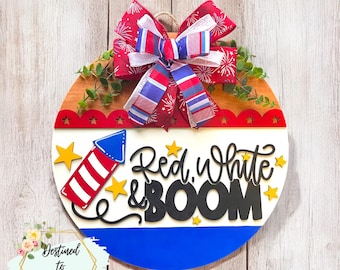Hand-Painted 4th of July Door Hanger: Red, White & BOOM Decor