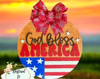 Hand-Painted 'God Bless America' Patriotic Wooden Door Hanger