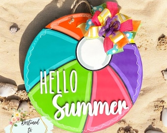 Hand-Painted Beach Ball Door Hanger: Hello Summer Wooden Sign