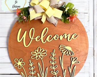 Letrero de bienvenida floral redondo para puerta, primavera y verano.