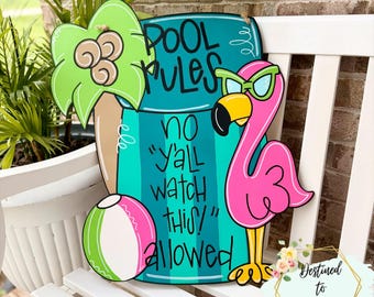 Funny Pool Rules Sign: Hand-Painted Summer Flamingo Door Hanger