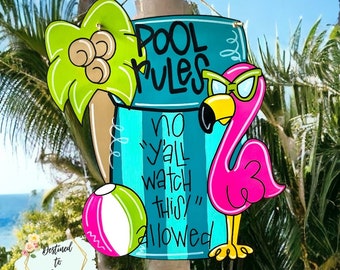 Funny Pool Rules Sign: Hand-Painted Summer Door Hanger