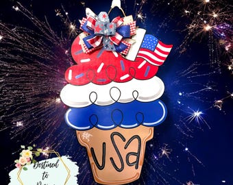 Patriotic Ice Cream Door Hanger | 4th of July Door Decor | USA Summer Porch Sign | Red White and Blue Door Hanger | Independence Day Wreath