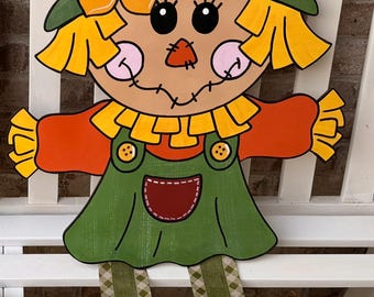 Scarecrow Door Hanger, Fall Decor, Ribbon Leg Scarecrow