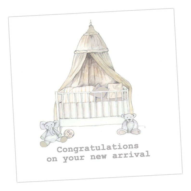 Cream Cot New Baby Embellished Card taken from an Original Watercolour