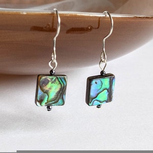 Abalone shell earrings, sterling silver, paua shell jewellery, square earrings, seashell drop earrings, dangle earrings, green shell earring