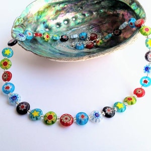 Millefiori flower beaded necklace, multicolour glass daisy jewellery, tiny flower necklace, colourful necklace, floral jewellery