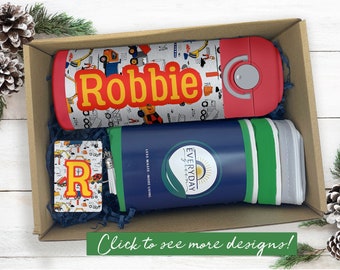 Construction Gift Box with Personalized Water Bottle, Keychain, and Washable Snack Bags