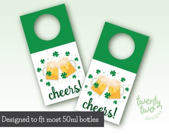Printable St. Patrick's Day Mini Bottle Tags, Cheers! 50ML St. Patrick's Day Favor Tags