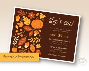 Let's Eat Thanksgiving Dinner Invitation, Printable Friendsgiving Invitation, Fall Harvest Dinner Party