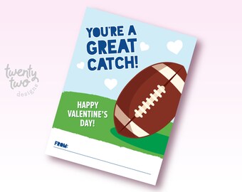 Printable Football Valentine For Kids, Great Catch Football Valentine Card, Classroom Valentine Exchange