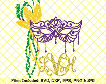 Mardi gras mask svg files for cricut women shirt kids beads monogram svg masquerade carnival feathers clipart design silhouette dxf cut file