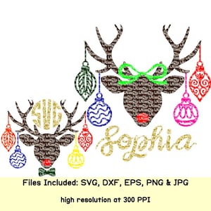 Pakiet svg z reniferami na Boże Narodzenie, nazwy, ozdoby z poroża jelenia, dzieci, dziewczynka, chłopiec, monogram, pliki svg dla projektów Cricut Silhouette, plik do cięcia dxf