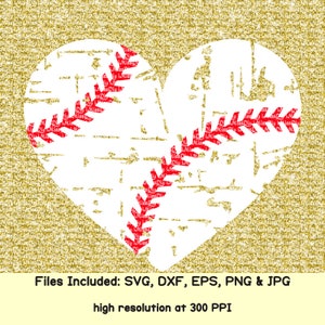 May include: A white baseball heart with red stitching. The heart is distressed and has a grunge effect. The background is a gold glitter texture. Files Included: SVG, DXF, EPS, PNG & JPG. high resolution at 300 PPI