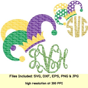 May include: A green, purple, and gold Mardi Gras themed monogram with a glitter effect. The monogram is made up of three letters. The letters are surrounded by two Mardi Gras hats with a glitter effect. The hats are purple, green, and gold with yellow polka dots.