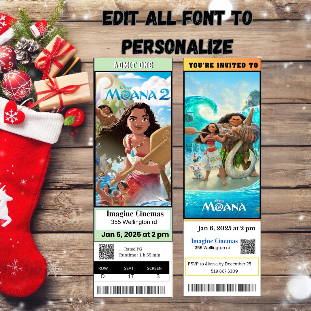 Editable Moana 2 Movie Ticket Birthday Invitation, Editable Moana 2