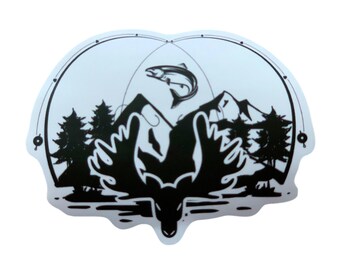 Outdoors moose/ fishing / mountain scene Vinyl Sticker