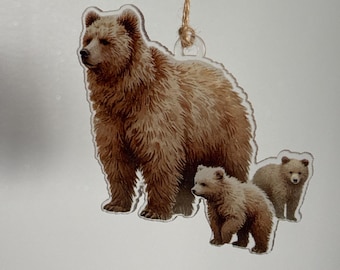 Adorno navideño de oso grizzly: Decoración de vida silvestre / Adorno acrílico de familia de osos