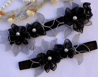 Black Silver Wedding Gothic Organza Lace Garter Set, Lingerie & Garters Wedding Garter Black, Bridal Black Lace Garter Set Handmade Garters