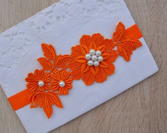 Orange Flower Wedding Garter Set, Bridal Garter Set Orange Brides Garter Lace, Orange Lace Floral Garter Set, Prom Garter Orange White Pearl