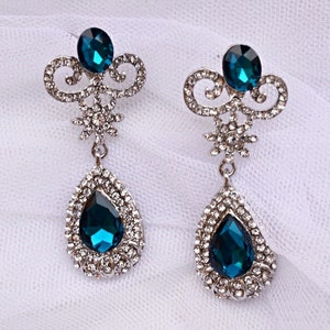 Silver bridal earrings teal blue wedding earrings, crystal earrings blue earrings, rhinestone earrings, womens earrings bridal long earrings