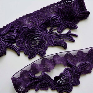 Dark purple lace garter set bridal gift, wedding purple garter set, bridal garter purple for brides, lavender garter deep purple garter set image 2