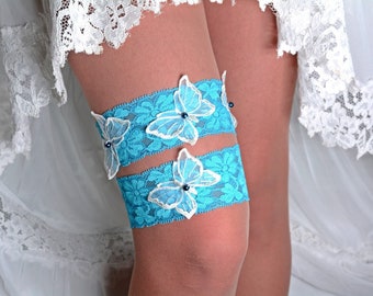 Turquoise lace bridal garter set something blue bride gift wedding handmade accessory blue ivory butterfly brides gifts bridal garter set