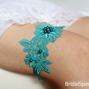 Flower lace wedding teal blue lace garter set handmade blue green bridal garter set elegant brides gift clothing  bridesmaid teal garter set