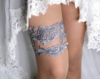 Grey silver wedding lace lingerie garter set for brides, wedding garter gift, grey lace apapplique bridal garter belt sets keep toss garters