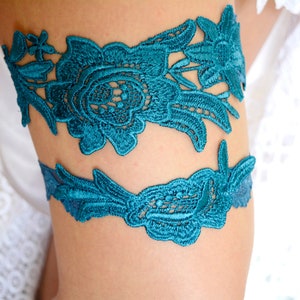 Teal blue custom size and colors bridal elegant gift for brides bridesmaid teal flower something blue teal lace garter set wedding clothing image 3