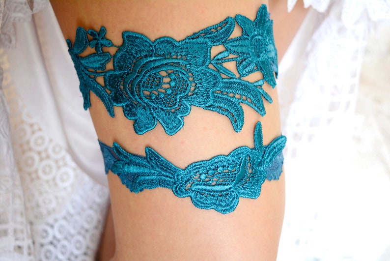 Teal blue custom size and colors bridal elegant gift for brides bridesmaid teal flower something blue teal lace garter set wedding clothing image 3