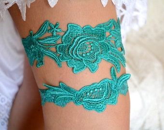 Teal green blue garter for bride wedding party bridal garter set lace belt emerald green bridesmaid accessories flower garters bridaal gifts